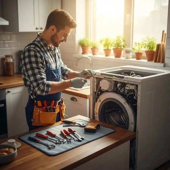 Technician repairing an open washing machine beside neatly arranged tools in a sunlit kitchen